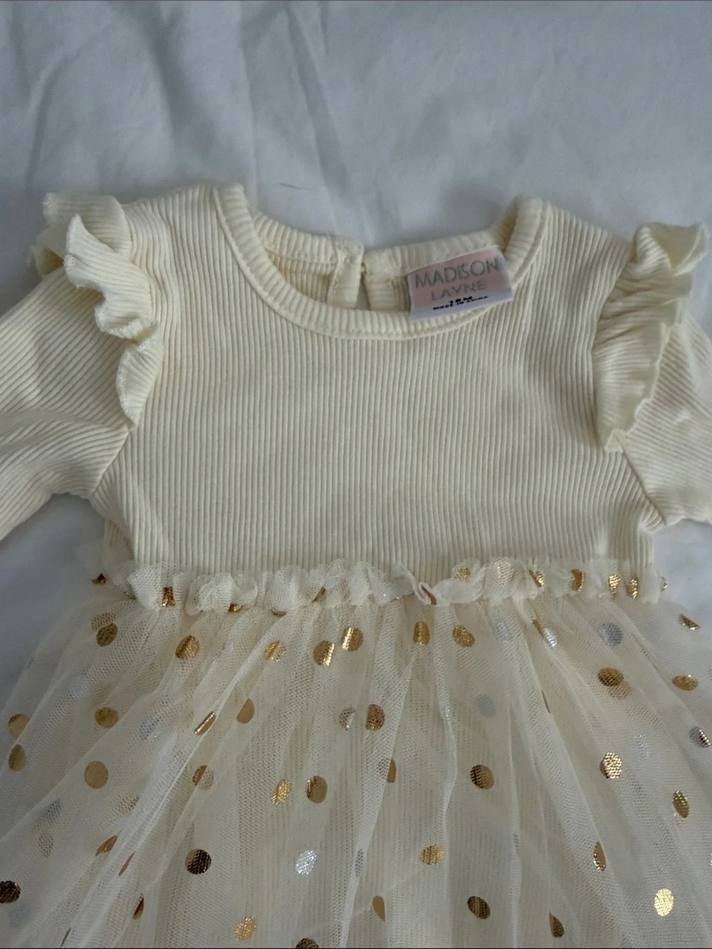 Baby girl Cream Long-Sleeve Tutu Dress with Gold Polka Dots size 12-18months